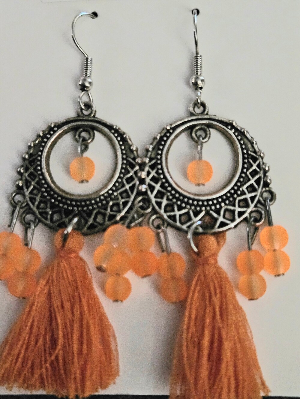 Boho Orange Tassel Dangle Earrings with Silver-Tone Filigree